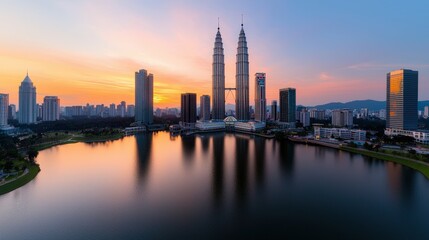 Obraz premium Kuala Lumpur Skyline Sunset Aerial View with Twin Towers and Lake Reflection