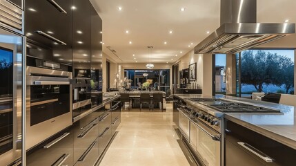 Obraz premium A contemporary kitchen with minimalist design, featuring high-end appliances and luxurious, elegant finishes