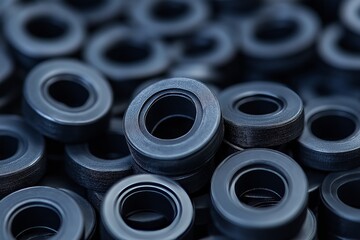 A close up of stacked black rubber rings, each with a smooth, shiny surface and precise edges