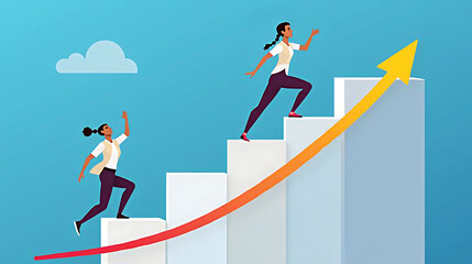 Woman with determination climbing stairs of progress, colorful graph background, copy space
