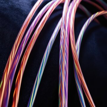 Close-up of illuminated fiber optic cables, showcasing vibrant colors and intricate technology details essential for high-speed data communication.