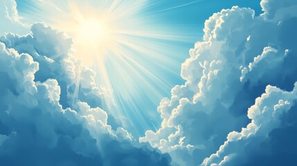 Sun rays shining through fluffy white clouds in a blue sky.
