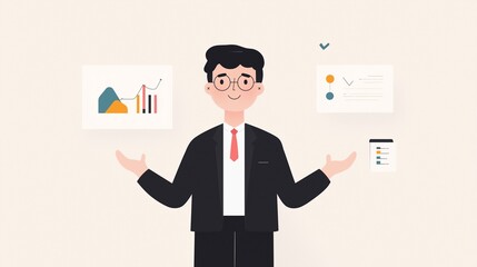 Flat illustration of a character dressed in business attire, presenting data charts and graphs with their hands spread out on both sides