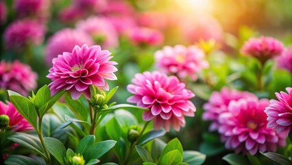 Obraz premium Contrast between pink flowers and green leaves in a forced perspective