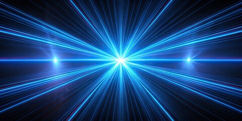 Long shot of futuristic blue laser lights converging to a central point in darkness