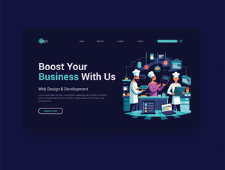 Online Kitchen food delivery web landing page banner template vector design