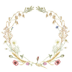 Fototapeta premium Watercolor delicate meadow flowers wreath illustration, field flora frame clipart, wildflowers arrangement