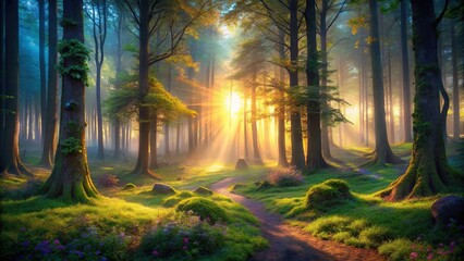 Obraz premium Forced perspective mystical woodland scene at sunrise