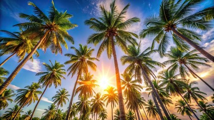 Long shot of large palm trees and sun