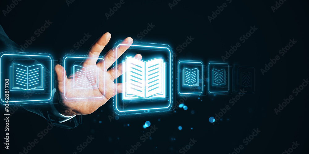 Poster close up of hand using creative e-book hologram on dark background. e-library, digital book concept.