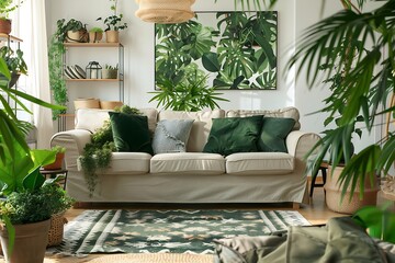 Naklejka premium Classic living room interior with green comfortable cozy sofas and houseplants