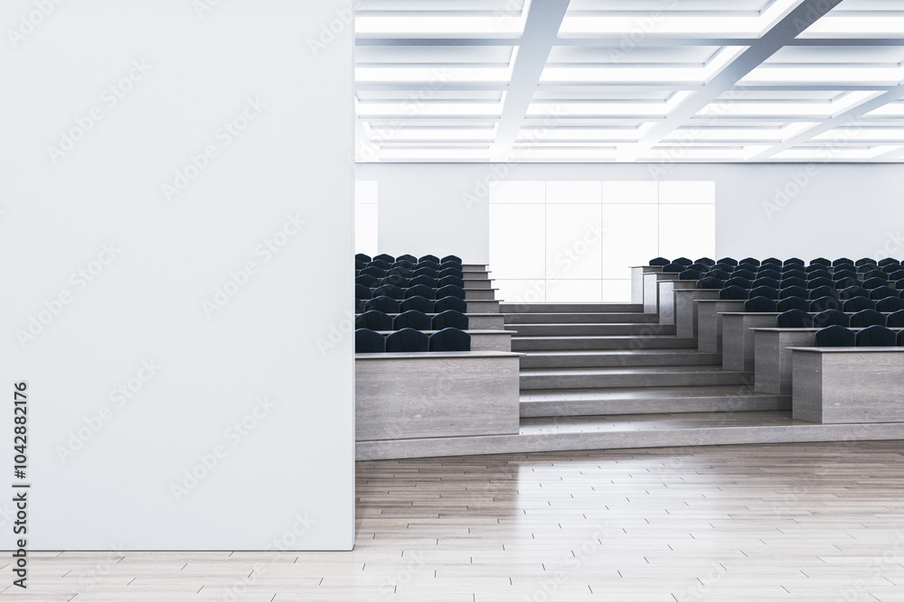 Wall mural Modern wooden and concrete auditorium interior with empty mock up place on wall, panoramic windows, city view and daylight. 3D Rendering.