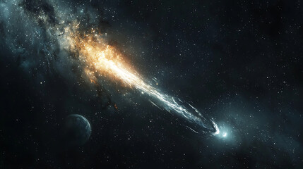 comet streaking across night sky, illuminating deep space with its fiery tail, while distant planet adds to cosmic scenery
