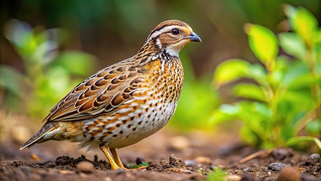 Long shot of rain quail Coturnix coromandelica standing on the ground