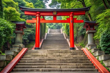 Forced perspective red torii gate of a Japanese shrine in front of stairs