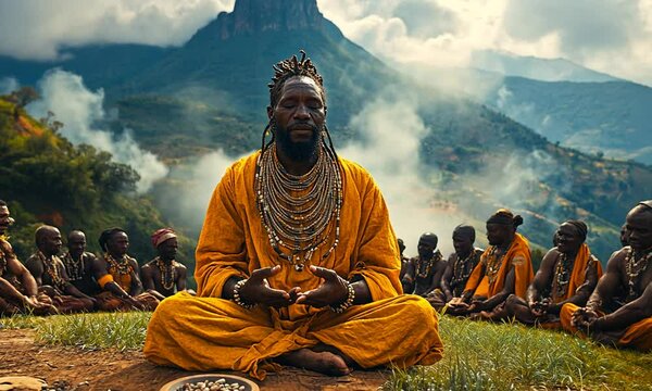A serene gathering of individuals in traditional attire meditating outdoors.
