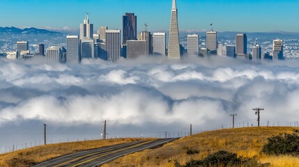 Obraz premium City Skyline Vista: A panoramic view from a hilltop, skyscrapers reaching for the clouds. 