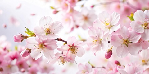 Fototapeta premium description: Cherry blossoms with scattered petals on a white background from a low angle