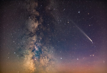 Comet C2023A3 Tsuchinshan ATLAS with Milky Way stars photographed from northern hemisphere in...