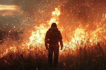 Fototapeta premium Silhouette of a Person Walking Through a Field of Fire