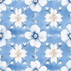Symmetric floral wallpaper pattern, watercolor style, soft blue and white flowers, seamless repeat, delicate home decor design , watercolor illustration