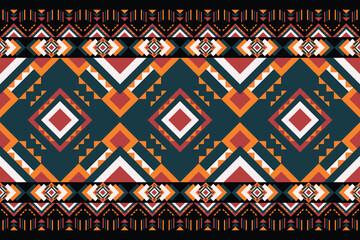 Colorful tribal geometric pattern featuring repeating diamond shapes, triangles, and intricate details in red, orange, and dark green hues-Vector