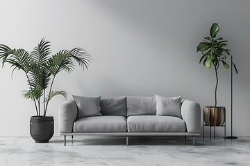 Fototapeta premium Dark living room interior with mock up with comfortable gray sofa and palm tree