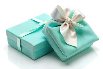 Obraz premium Long shot Tiffany branded gift box with cloth bag on white background