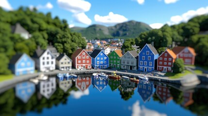 Obraz premium Colorful Houses Reflecting in Calm Water Norwegian Coastal Town Scenic Harbor View