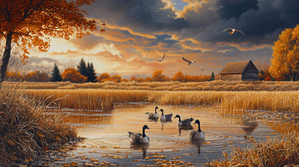 Wild geese wading in a shallow pond surrounded by hay fields during Thanksgiving.
