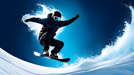 Snowboarder mid-jump, depicted as a minimalistic silhouette in motion, with dynamic curves and abstract snow spray in contrasting colors
