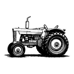 Obraz premium Vintage Tractor Side View Detailed Black and White Outline Line Art Drawing Classic Style