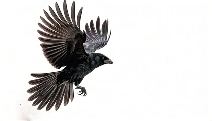 Obraz premium American crow - Corvus brachyrhynchos - in flight flying with Wing spread, isolated cutout on white background with copy space. One of the most common species of bird in North America