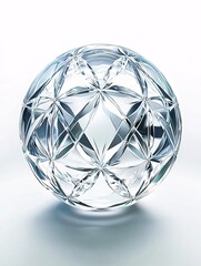A crystal-clear glass sphere featuring a detailed geometric pattern is reflected on a white background.