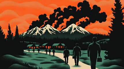 Fototapeta premium Silhouettes of Travelers Journeying Through an Ominous Landscape with Smoky Skies Above
