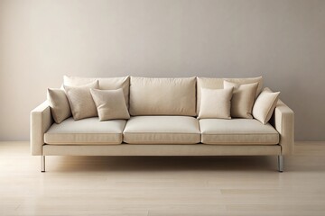 Fototapeta premium Description: Beige couch with white cushion on beige background viewed from above