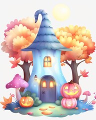Naklejka premium A charming Halloween cottage surrounded by colorful autumn trees and cheerful pumpkins, perfect for seasonal decor or children's illustrations.