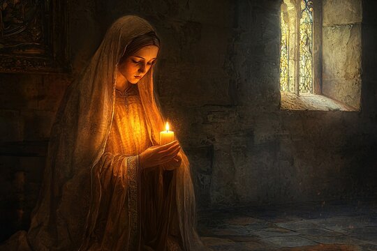Saint Clare, draped in a flowing robe, ponders the glow of a solitary candle in a shadowy room, symbolizing hope and reflection.