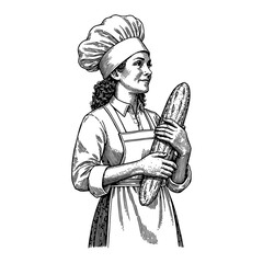 Obraz premium Woman Baker Wearing Hat Holding Long Bread in Black and White Outline Line Art Drawing