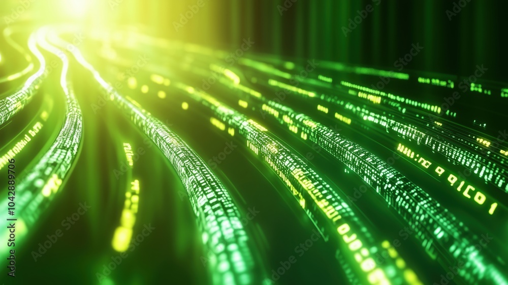 Fototapete digital data streams flowing in green light, abstract technology background