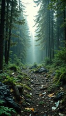 Obraz premium Mysterious misty forest pathway surrounded by tall trees and lush foliage, creating an enchanting and tranquil atmosphere with copy space