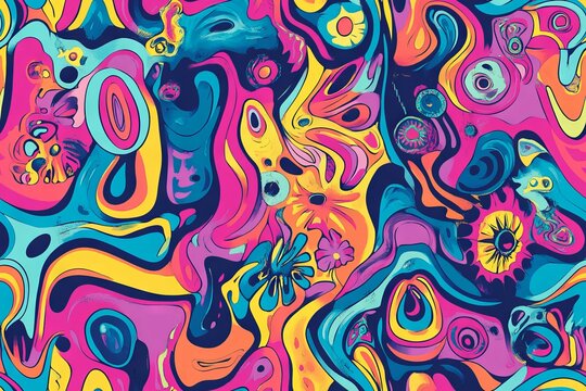 Abstract vibrant psychedelic pattern with colorful swirling shapes, kaleidoscopic mandala designs, and intricate geometric motifs