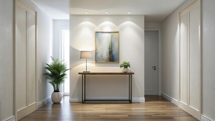 Fototapeta premium description: Symmetrical minimalist hallway with console and art
