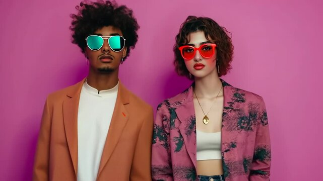 Two people wearing sunglasses and red glasses pose