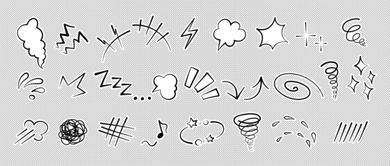 Manga or anime comic emoticon element graphic effects hand drawn doodle vector illustration set isolated on dotted background. Sticker style manga doodle line expression scribble anime mark collection