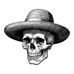 Skull Head Wearing Round Straw Hat in Detailed Black and White Outline Line Art Drawing