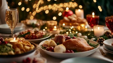 Festive Christmas Dinner Table Setting with Roast Turkey  Candles  and Wine