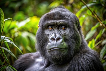 Obraz premium Critically endangered silverback mountain gorilla in dense rainforest