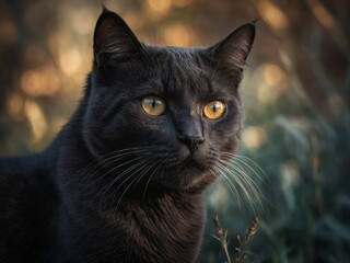 Black cat with piercing yellow eyes, set against blurred natural background