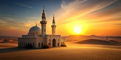Desert sunset mosque scene with minimalistic design